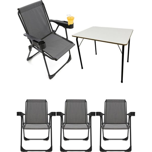 Moniev 4 Adet Kamp Sandalyesi Bardaklıklı Lüks Piknik Sandalye Gri + Katlanır Mdf Masa