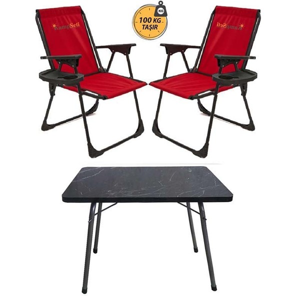 KampSeti 2 Adet Katlanır Kamp Sandalye ve Masa Seti-Taşınabilir Piknik Bahçe Sandalyesi-Masası