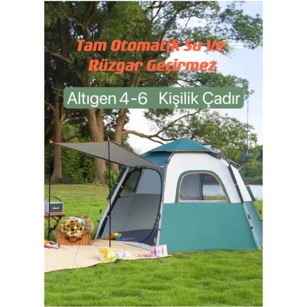 Shufa - Tam Otomatik Su ve Rüzgar Geçirmez Gölgelikli Altıgen Çadır Aile Çadırı 280*240*155 cm