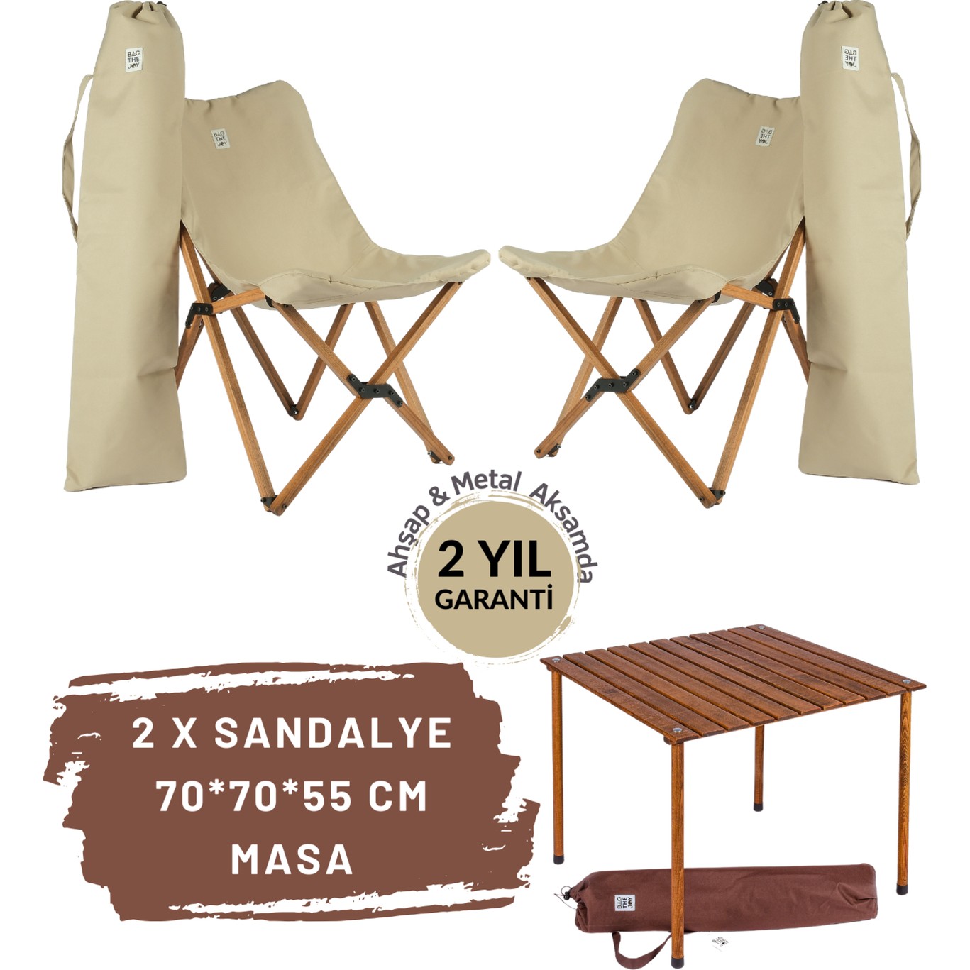 110000665613252-3.jpg Bag The Joy Ahşap Katlanır Masa Sandalye Seti Kahverengi - Bej Kılıf 70X70X55 Kahverengi Masa - Görsel 1