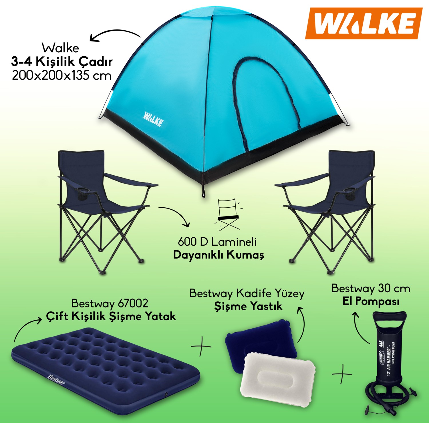 110000694631571-2.jpg Walke Lüks Kamp Seti 4 Kişilik Çadır+ Çift Kişilik Yatak+ 2 Sandalye + Pompa+ 2 Yastık - Görsel 1