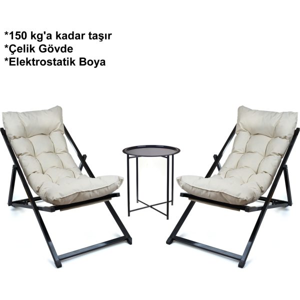 Hastunç Hastunç Minderli - Zora Şezlong Seti Bahçe&balkon&teras&plaj Katlanır Ikili Set - 2 Şezlong 1 Sehpa