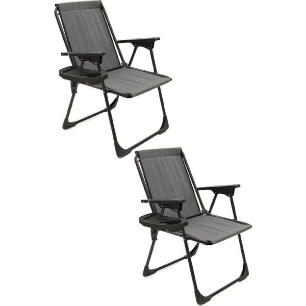 Moniev 2 Adet Kamp Sandalyesi Katlanır Piknik Sandalye Oval Bardaklıklı Gri