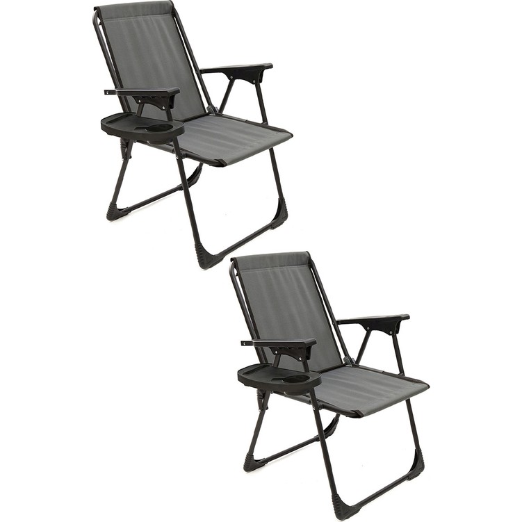 110000785348172-6.jpg Moniev 2 Adet Kamp Sandalyesi Katlanır Piknik Sandalye Oval Bardaklıklı Gri - Görsel 1