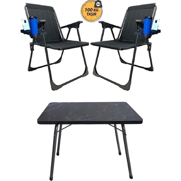 KampSeti 2 Adet Katlanır Kamp Sandalye ve Masa Seti-Taşınabilir Piknik Bahçe Sandalyesi-Masası
