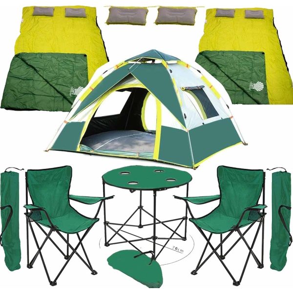 KS Kampseti Kampseti Yeşil 3 Kişilik Çadır 2 Uyku Tulumu 2 Yastık - 2 Kamp Sandalyesi ve Masa Seti