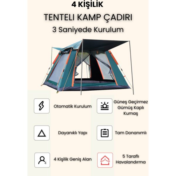 4 Kişilik Tam Otamatik Tenteli Kamp Çadırı Portatif Anti-Uv Outdoor Plaj Piknik Çadırı