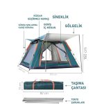 4 Kişilik Tam Otamatik Tenteli Kamp Çadırı Portatif Anti-Uv Outdoor Plaj Piknik Çadırı - Görsel 2