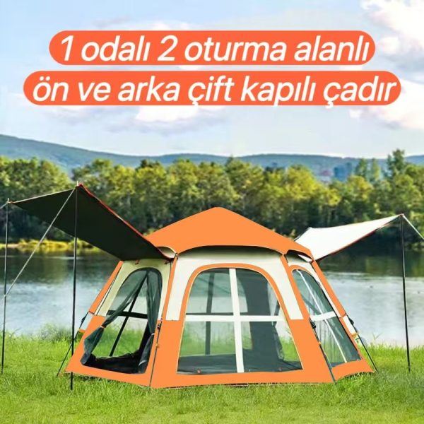 Tam Otomatik Su ve Rüzgar Geçirmez Gölgelikli Altıgen Çadır Aile Çadırı 280*240*155 cm